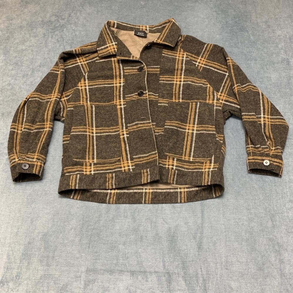VICI Shacket Womens XS Brown Plaid Rayon Stretch Raglan Sleeve Button Front
